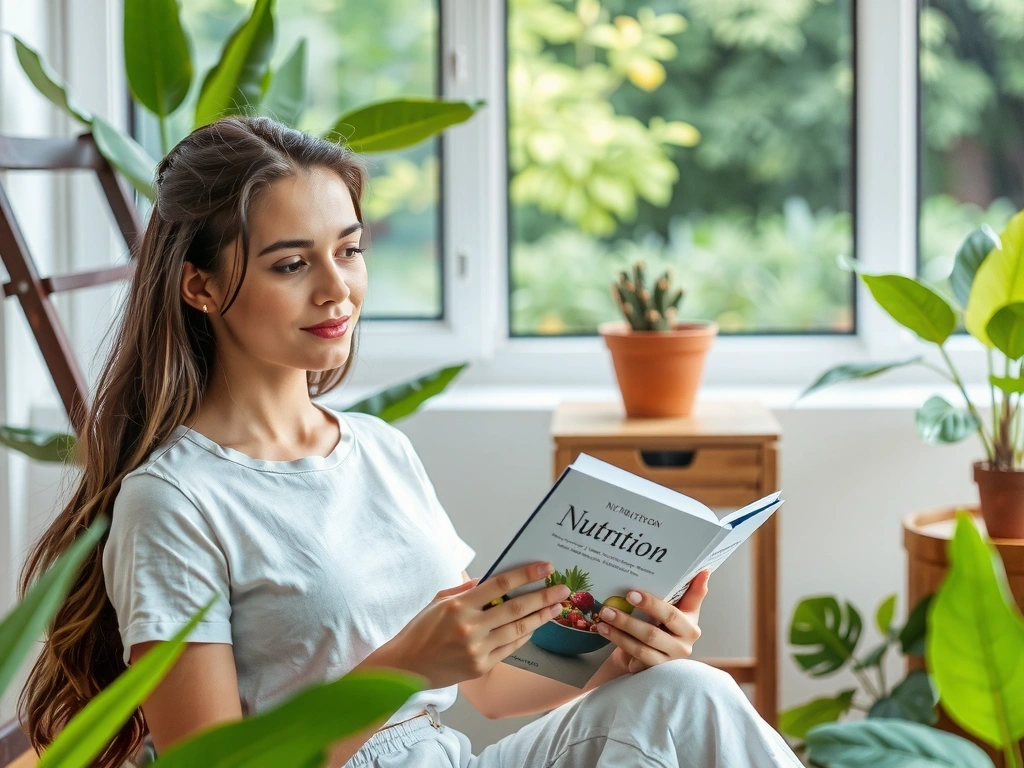 Mujer joven leyendo un libro sobre nutrición en un entorno tranquilo y natural.