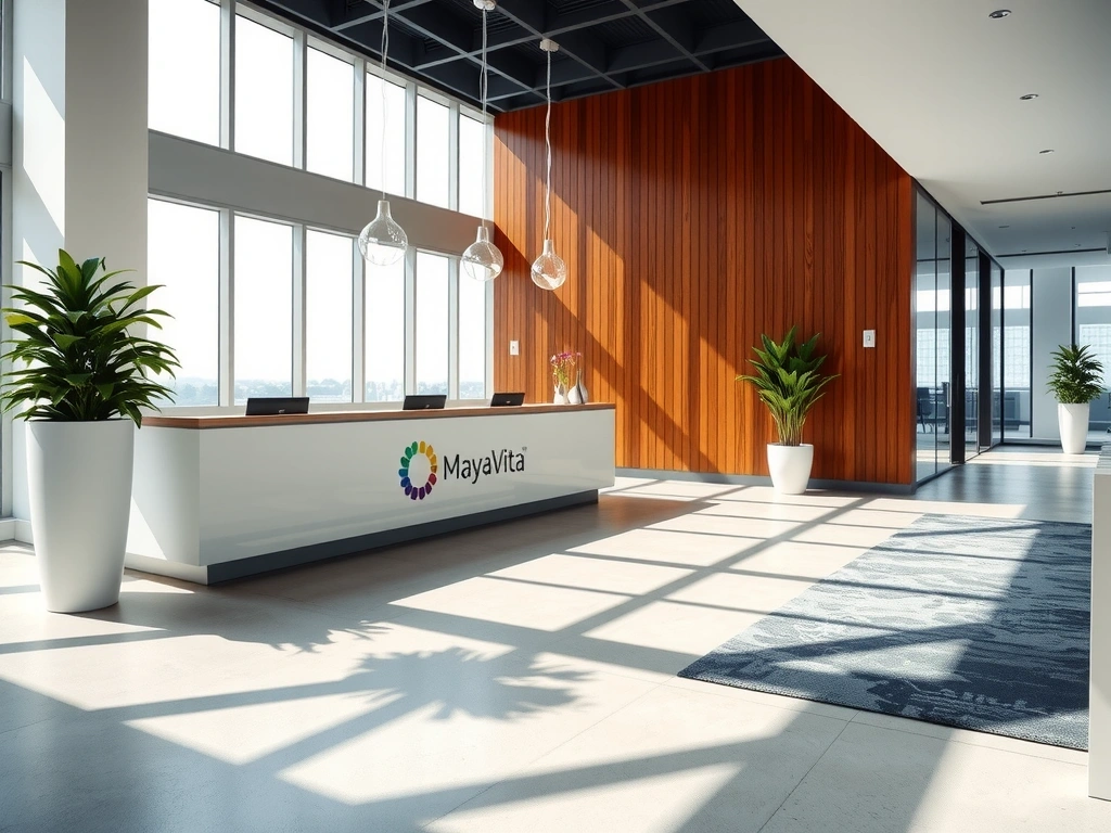 Oficina de Mayavitahub con un diseño moderno y plantas verdes, símbolo de bienestar.