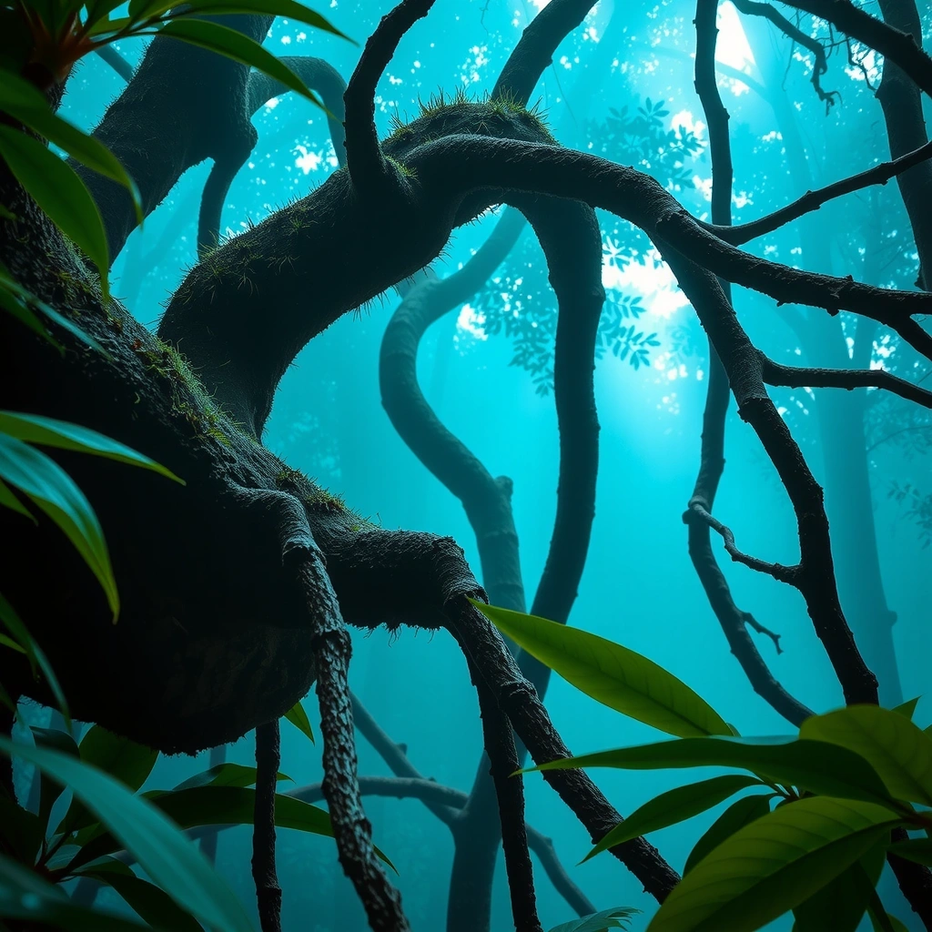 Misteriosa selva ancestral con tonos turquesa y jade, simbolizando la sabiduría de Mayavitahub.