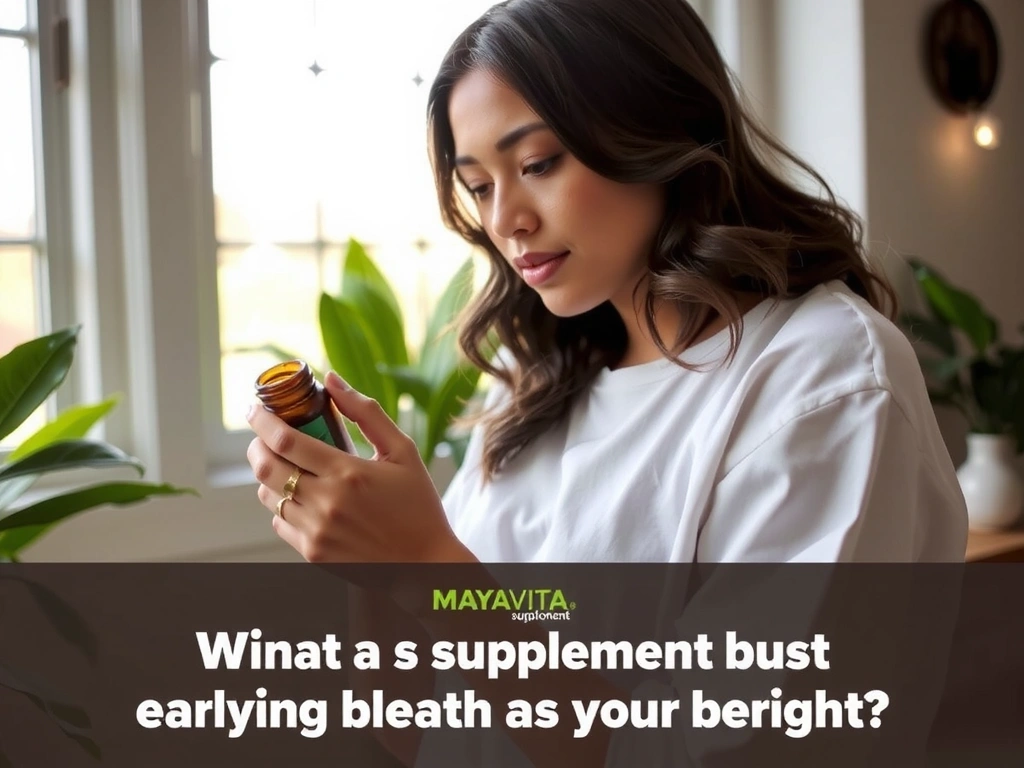 Mujer leyendo la etiqueta de un suplemento de Mayavitahub, con un ambiente natural y tranquilo de fondo.