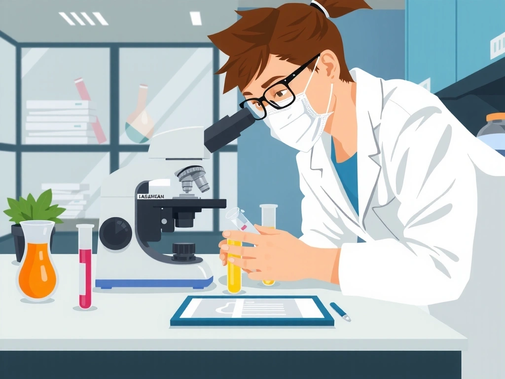 Ilustración de un científico en un laboratorio moderno, observando muestras en un microscopio, con equipos de alta tecnología y probetas con líquidos de colores naturales, simbolizando la investigación y la innovación.
